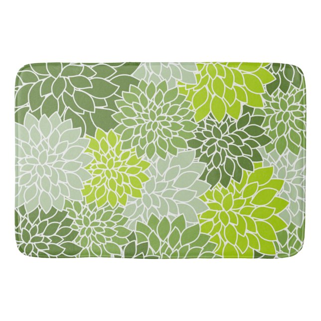 Dahlia Flowers, Pattern Of Flowers, Green Dahlia Bath Mat (Front)