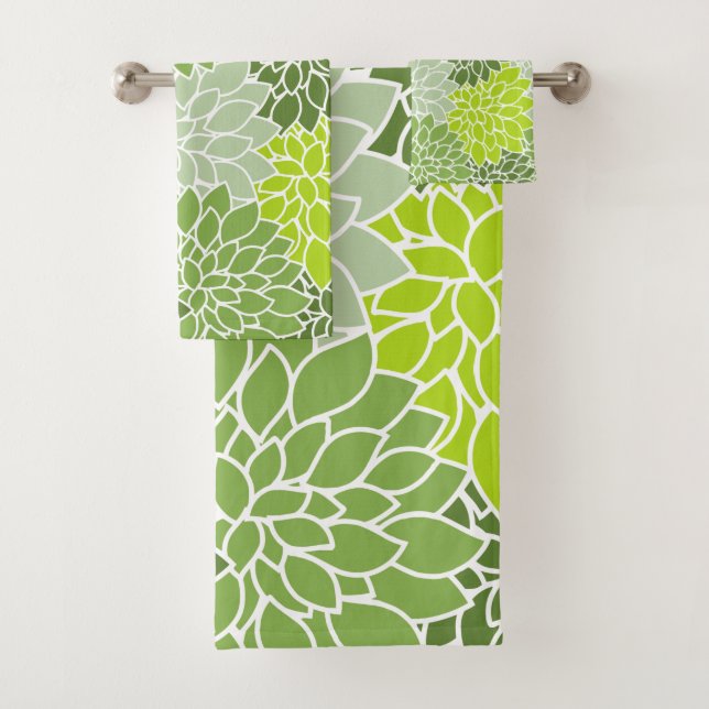Dahlia Flowers, Pattern Of Flowers, Green Dahlia Bath Towel Set (Insitu)