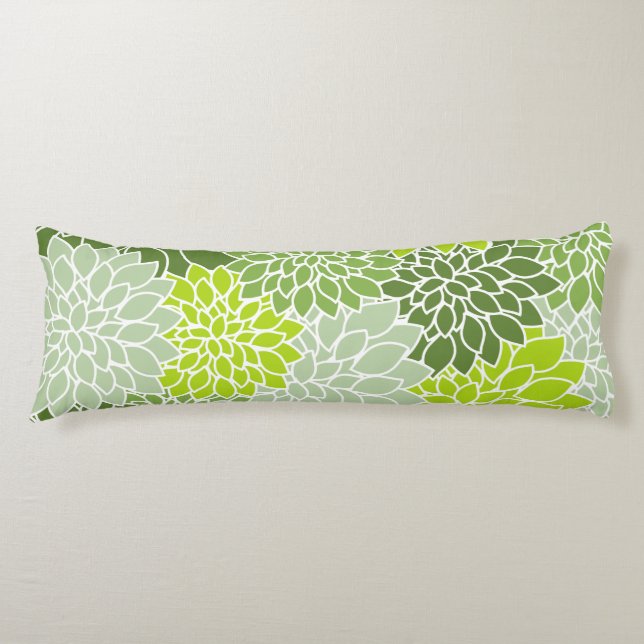 Dahlia Flowers, Pattern Of Flowers, Green Dahlia Body Cushion (Front)