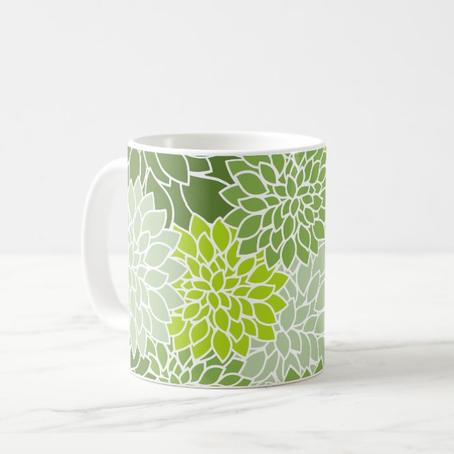 Dahlia Flowers, Pattern Of Flowers, Green Dahlia Coffee Mug (Front Left)