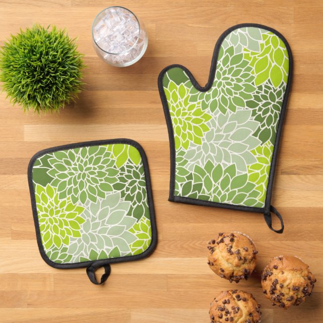 Dahlia Flowers, Pattern Of Flowers, Green Dahlia Oven Mitt & Pot Holder Set (Top Down)