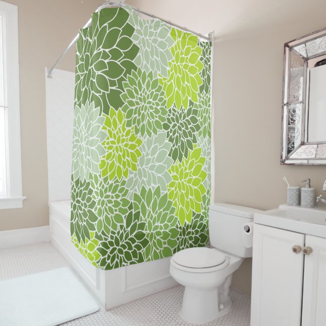 Dahlia Flowers, Pattern Of Flowers, Green Dahlia Shower Curtain (In Situ)