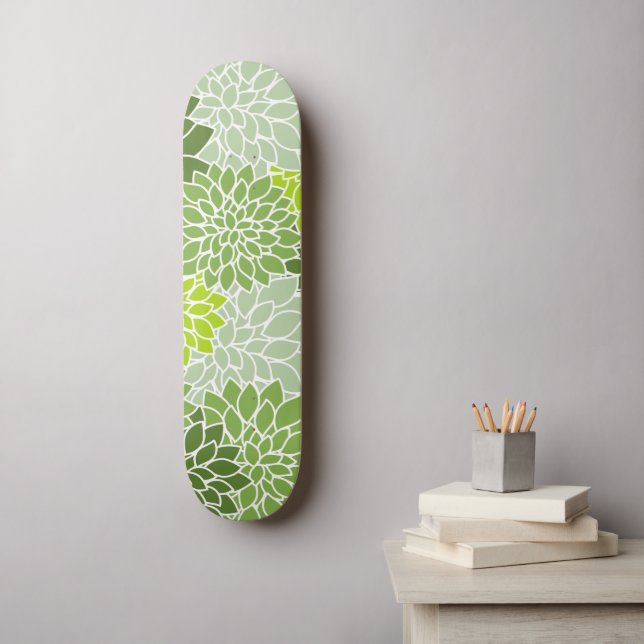 Dahlia Flowers, Pattern Of Flowers, Green Dahlia Skateboard (Wall Art)