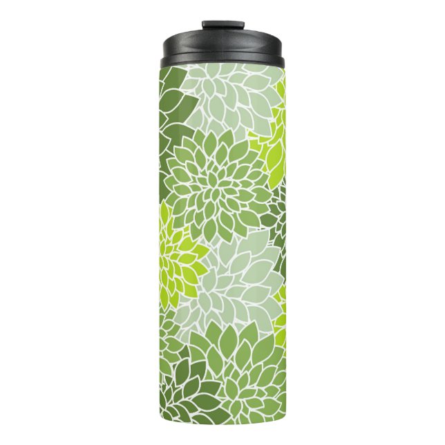 Dahlia Flowers, Pattern Of Flowers, Green Dahlia Thermal Tumbler (Front)