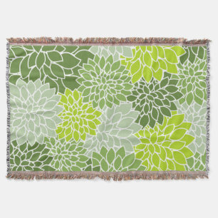 Dahlia Flowers, Pattern Of Flowers, Green Dahlia Throw Blanket