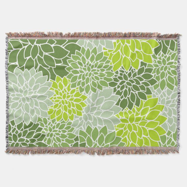 Dahlia Flowers, Pattern Of Flowers, Green Dahlia Throw Blanket (Front)