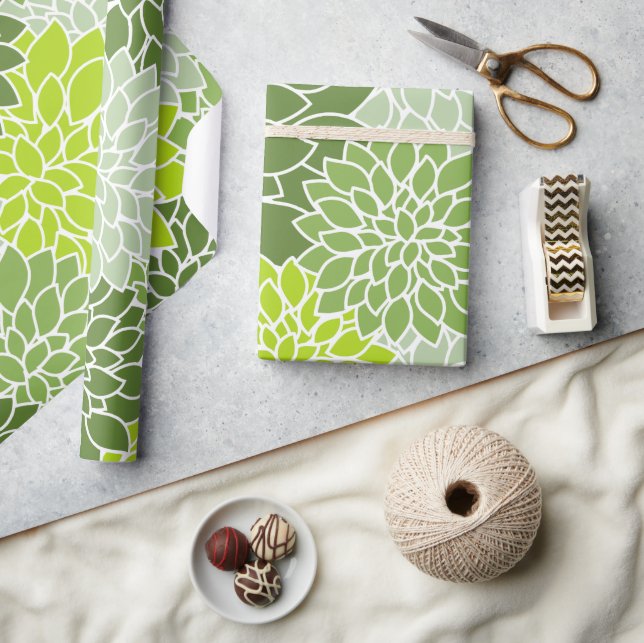 Dahlia Flowers, Pattern Of Flowers, Green Dahlia Wrapping Paper (Crafts)