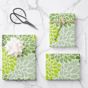 Dahlia Flowers, Pattern Of Flowers, Green Dahlia Wrapping Paper Sheet