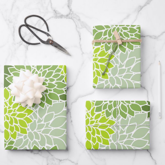 Dahlia Flowers, Pattern Of Flowers, Green Dahlia Wrapping Paper Sheet (Front)