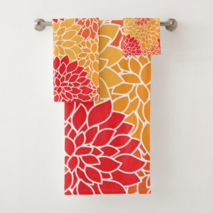 Dahlia Flowers, Pattern Of Flowers, Orange Dahlia Bath Towel Set