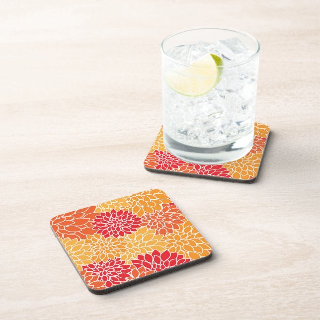 Dahlia Flowers, Pattern Of Flowers, Orange Dahlia Coaster (Right Side)