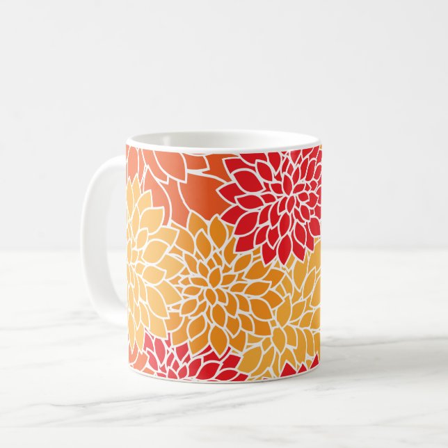 Dahlia Flowers, Pattern Of Flowers, Orange Dahlia Coffee Mug (Front Left)