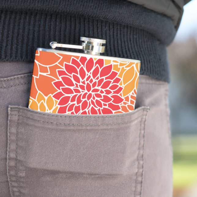 Dahlia Flowers, Pattern Of Flowers, Orange Dahlia Hip Flask (In Situ)