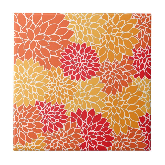 Dahlia Flowers, Pattern Of Flowers, Orange Dahlia Tile (Front)
