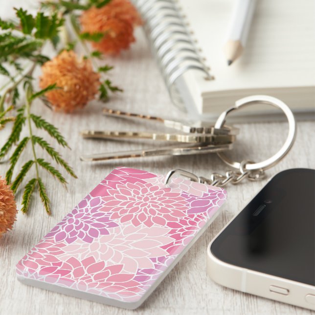Dahlia Flowers, Pattern Of Flowers, Pink Dahlia Key Ring (Front Right)