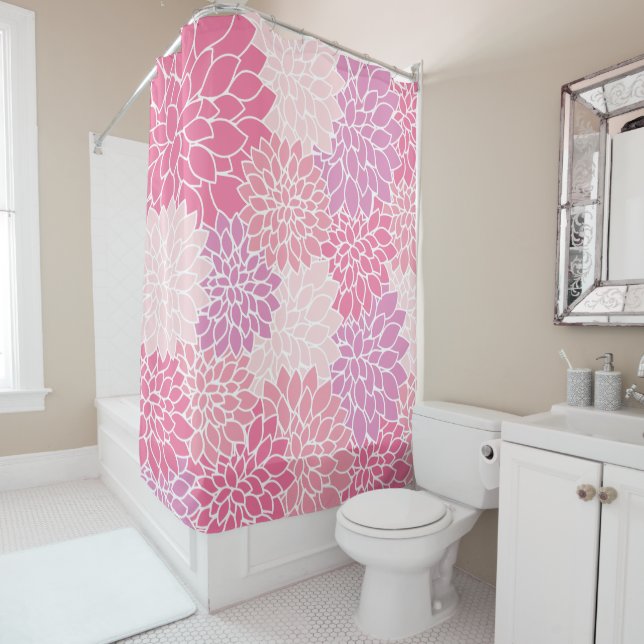 Dahlia Flowers, Pattern Of Flowers, Pink Dahlia Shower Curtain (In Situ)