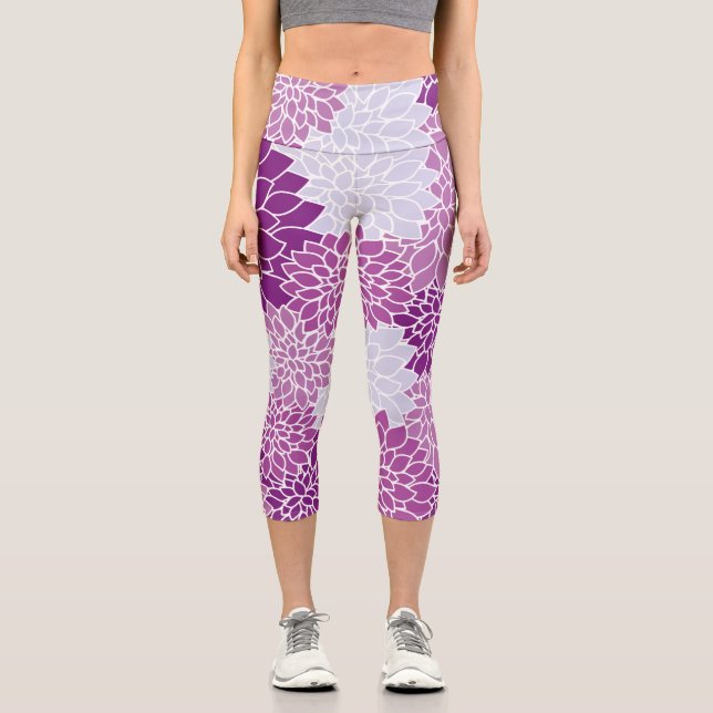 Dahlia Flowers, Pattern Of Flowers, Purple Dahlia Capri Leggings (Front)