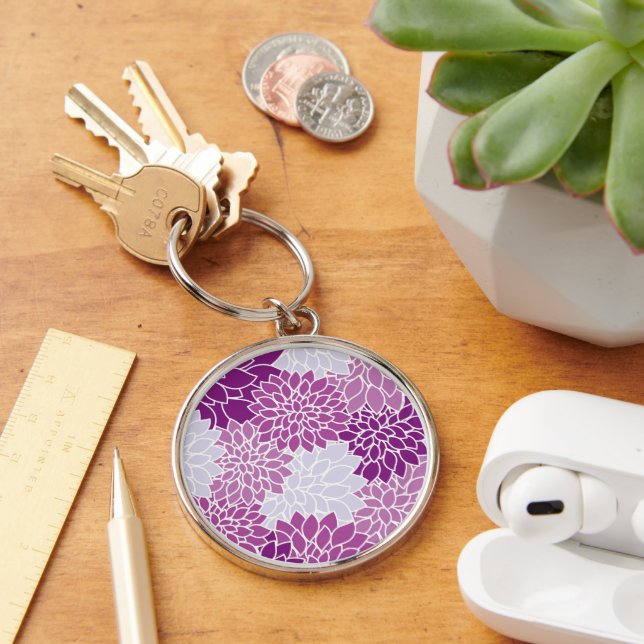 Dahlia Flowers, Pattern Of Flowers, Purple Dahlia Key Ring (Desk)