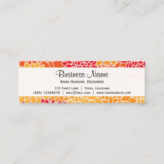 Dahlia Flowers, Petals, Blossoms - Orange Red Mini Business Card (Front)