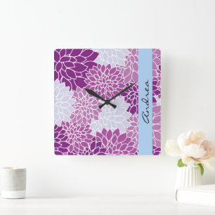 Dahlia Flowers, Purple Dahlia, Your Name Square Wall Clock