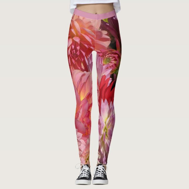 Dahlia Garden Flowers Abstract Pattern Leggings (Front)