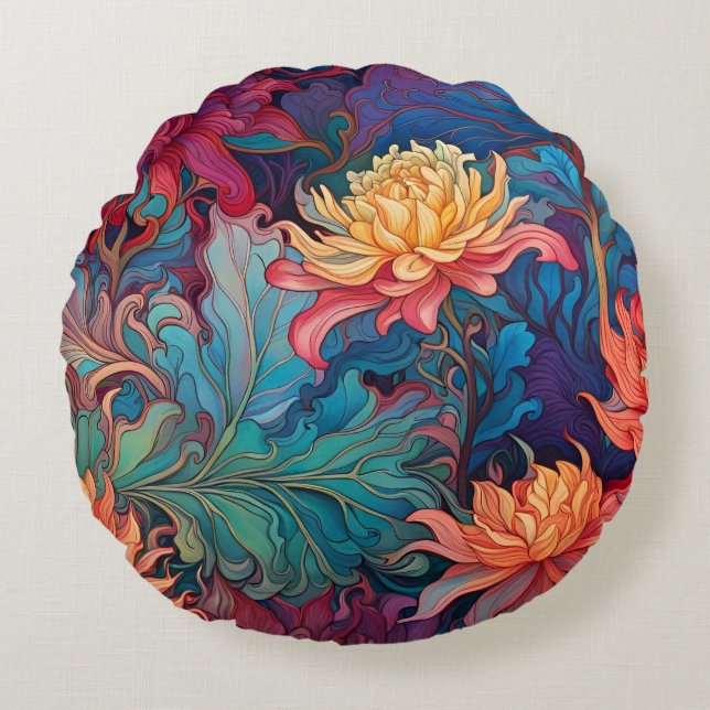 Dahlia garden tapestry red, blue green gold  round cushion (Front)