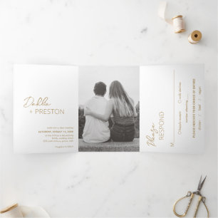 Dahlia Gold Contemporary Modern Wedding Tri-Fold Invitation