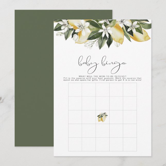 DAHLIA Lemon Citrus Fruit Baby Shower Bingo Game Invitation (Front/Back)