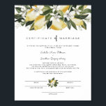 Dahlia - Lemon Citrus Garden Marriage Certificate Poster<br><div class="desc">This marriage certificate features watercolor citrus lemon fruit and a whimsical script font. Easily edit all wording and change fonts to match your ceremony and the couple's style. For the best quality,  be sure to use matte paper so signatures don't smudge.</div>