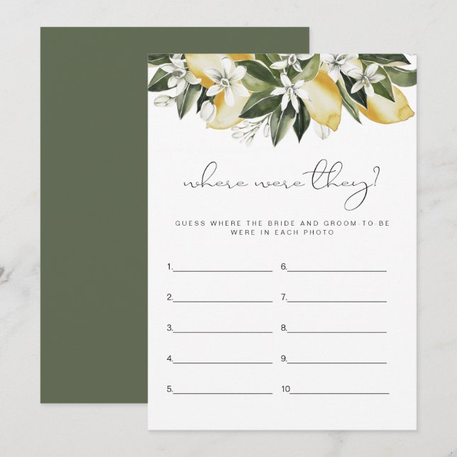 DAHLIA Lemon Where Were They Bridal Shower Game Invitation (Front/Back)