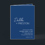 Dahlia Navy Blue Contemporary Modern Wedding Invitation<br><div class="desc">Modern navy blue folded wedding invitation featuring a simple and minimal design with the bride's name in an elegant script and the groom's name in a contemporary sans serif font. Below in the lower right corner are your event details in a minimalist layout. The inside has your favourite photo and...</div>