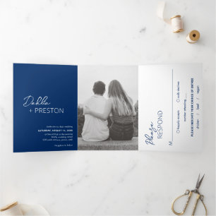 Dahlia Navy Blue Contemporary Modern Wedding Tri-Fold Invitation