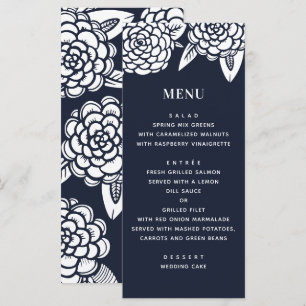 Dahlia. Navy modern floral wedding. Blue botanical Menu