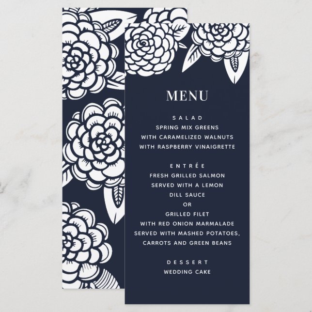 Dahlia. Navy modern floral wedding. Blue botanical Menu (Front/Back)