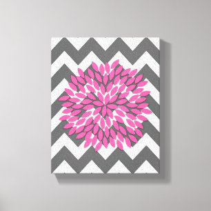 Dahlia on Chevrons in Pink and Grey Canvas Print