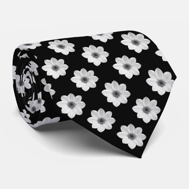 Dahlia Pattern - Black and White Tie (Rolled)