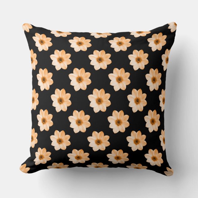 Dahlia Pattern - Lt Orange on Black Cushion (Front)