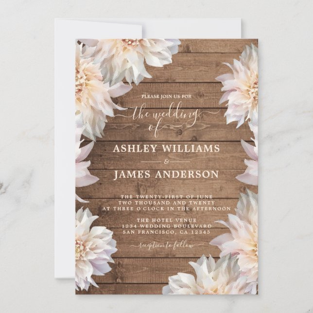 Dahlia Pink Floral Rustic Wood Wedding Invitation (Front)