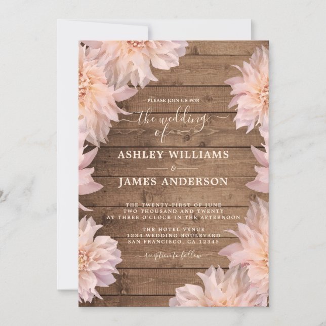 Dahlia Pink Floral Rustic Wood Wedding Invitation (Front)