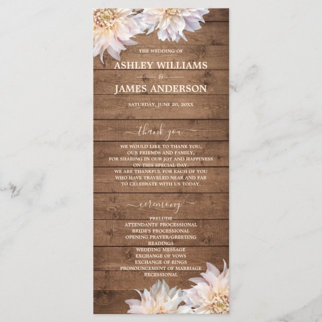 Dahlia Pink Floral Rustic Wood Wedding Program Programme (Front)
