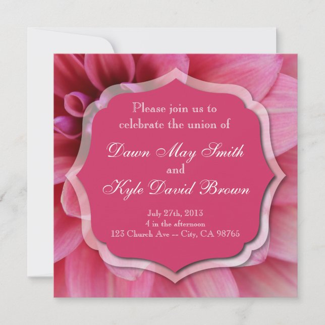 Dahlia pink flower wedding invitation (Front)