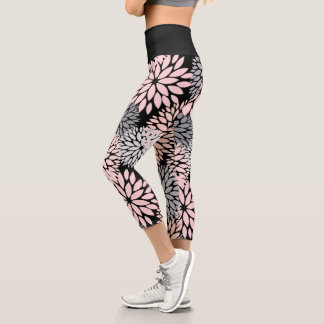 Dahlia Pink Grey Floral Pattern Capri Leggings