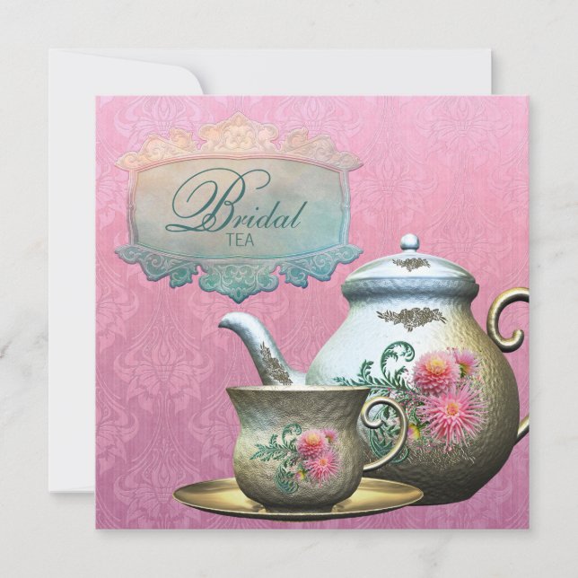 Dahlia Pink Teal Blue Bridal Tea Shower Invitation (Front)