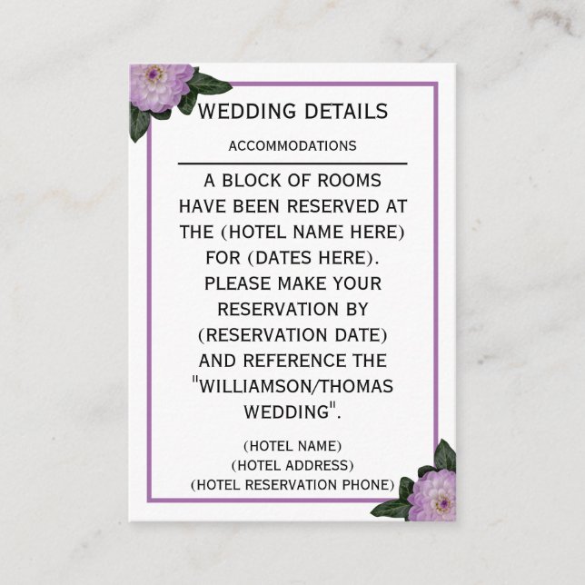 Dahlia Purple Lavender Floral Wedding Details Enclosure Card (Front)