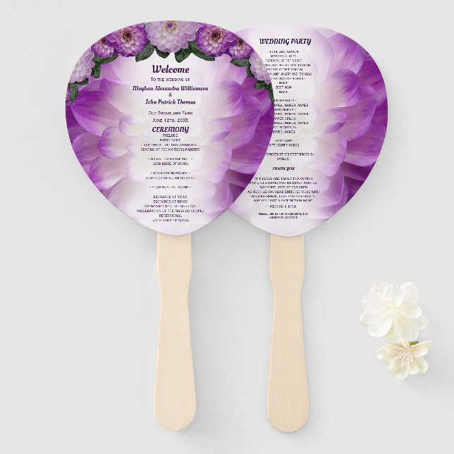 Dahlia Purple Lavender Floral Wedding Program Hand Fan (Front and Back)