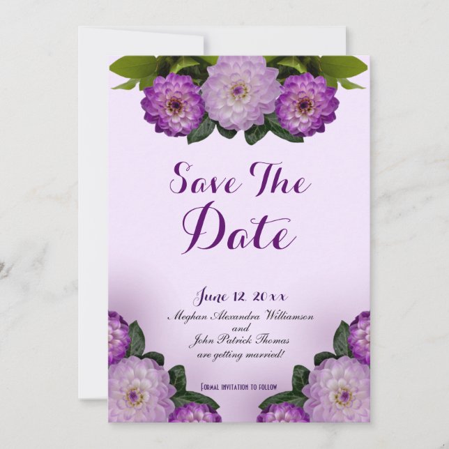 Dahlia Purple Lavender Lilac Floral Save The Date Invitation (Front)