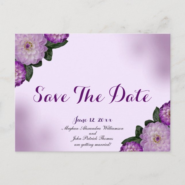 Dahlia Purple Lavender Lilac Floral Save The Date Postcard (Front)