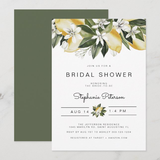 Dahlia - Watercolor Citrus Lemon Floral Bridal Invitation (Front/Back)