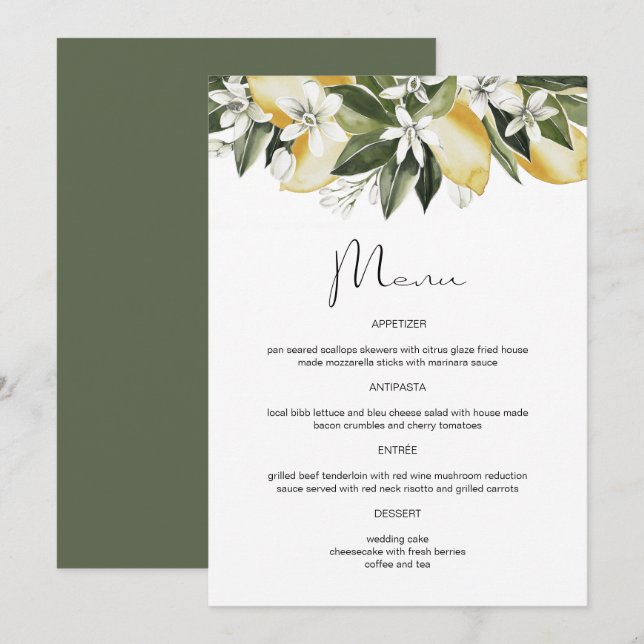 DAHLIA Watercolor Lemon Citrus Fruit Floral Menu (Front/Back)