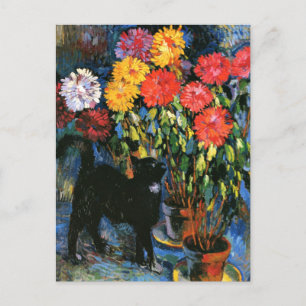 Dahlias and Black Cat, fine art painting Postcard
